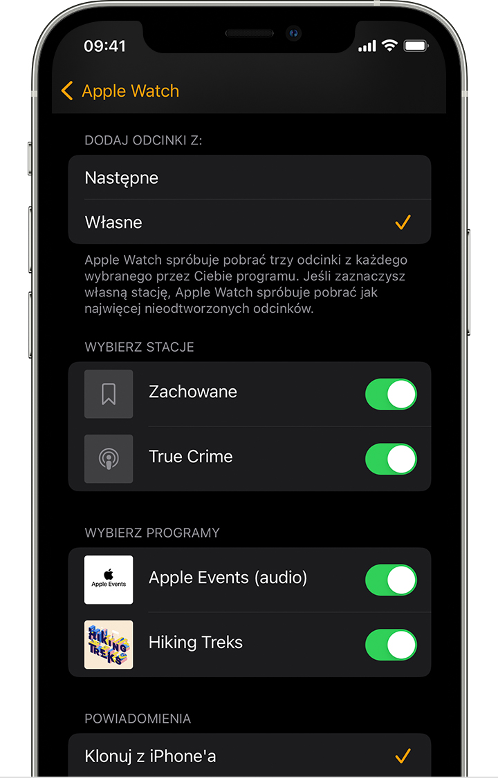 Aplikacja Apple Watch na iPhonie wyświetlająca programy i stacje z podcastami