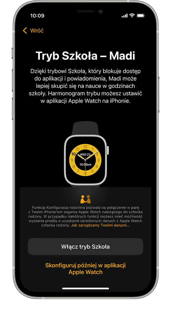 Tryb Szkoła podczas konfiguracji zegarka Apple Watch na telefonie iPhone