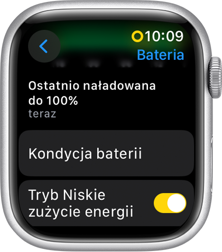 Apple Watch wyświetlający tryb Niskie zużycie energii w Ustawieniach
