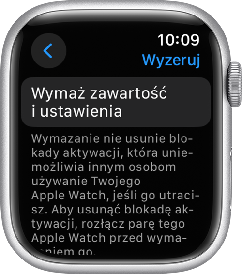 Przycisk Usuń całą zawartość i ustawienia w ustawieniach Apple Watch