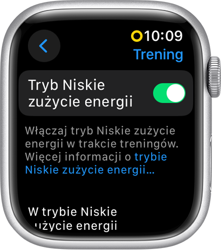 Apple Watch wyświetlający tryb Niskie zużycie energii w ustawieniach treningu