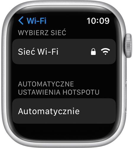 Ekran ustawień sieci Wi-Fi na zegarku Apple Watch z widoczną opcją Automatyczne ustawienia hotspotu