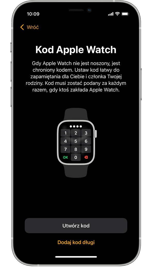 Ekran konfiguracji hasła zegarka Apple Watch na telefonie iPhone