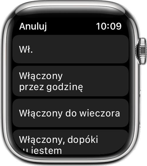 Zegarek Apple Watch wyświetlający opcje Nie przeszkadzać