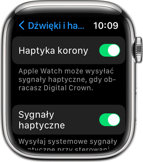 Zegarek Apple Watch wyświetlający ustawienia Crown Haptics i System Haptics na ekranie Dźwięki i haptyka w Ustawieniach