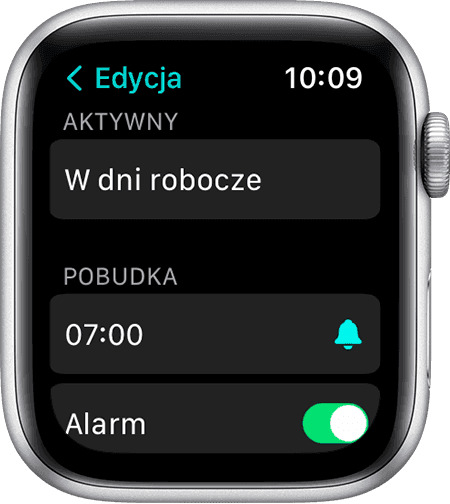 Ekran zegarka Apple Watch wyświetlający opcje edycji całego harmonogramu snu