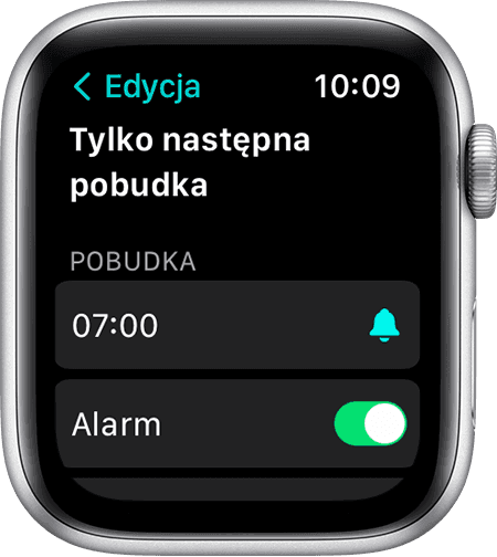 Ekran zegarka Apple Watch wyświetlający opcje edycji pozycji Tylko następna pobudka