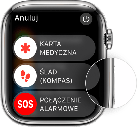 Zegarek Apple Watch z pokazanym przyciskiem bocznym oraz suwakiem Wyłącz.
