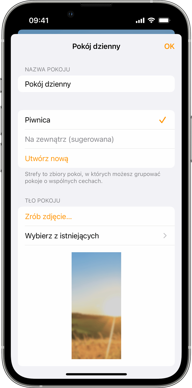 Aplikacja Dom w systemie iOS wyświetlająca Ustawienia w pokoju dziennym 