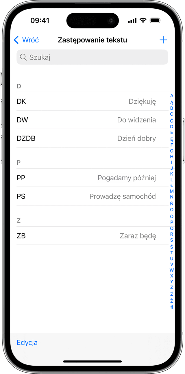 Ekran telefonu iPhone na którym pokazano, jak używać funkcji zastępowania tekstu.