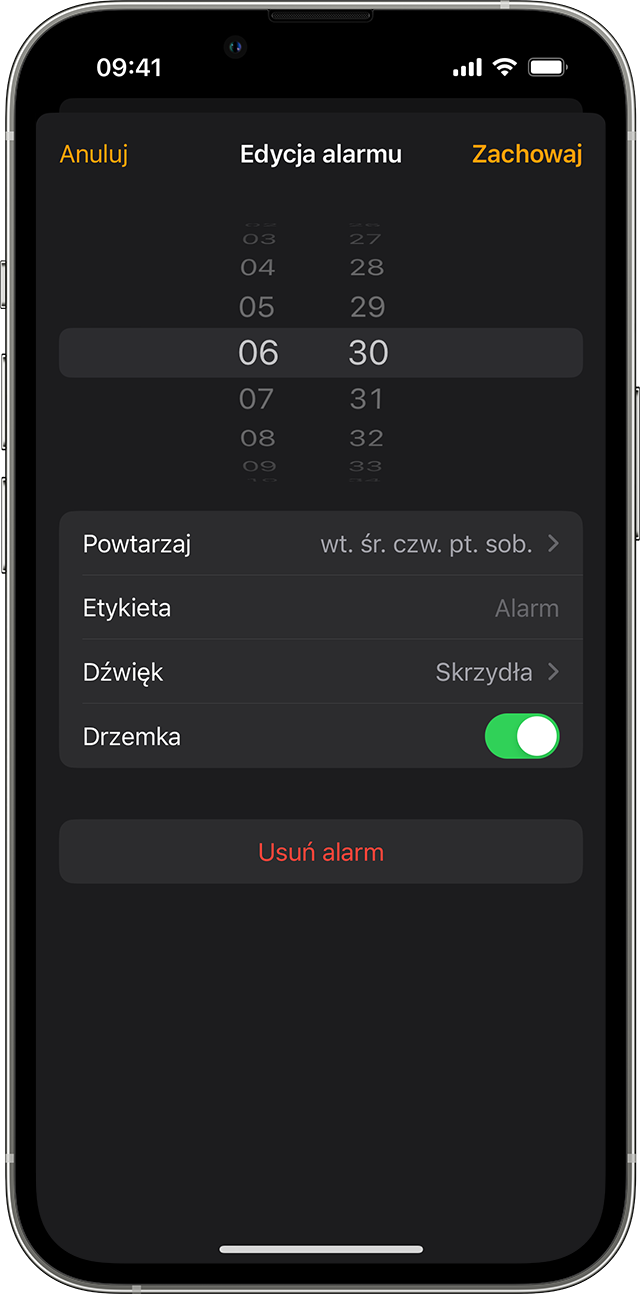 Edytowanie alarmu na iPhonie