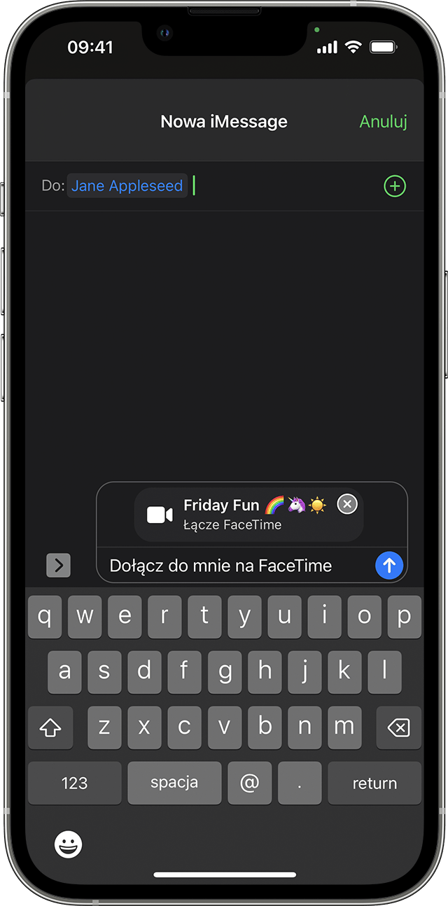 iPhone wyświetlający nową wersję roboczą wychodzącej wiadomości iMessage z łączem do rozmowy FaceTime w polu tekstowym.