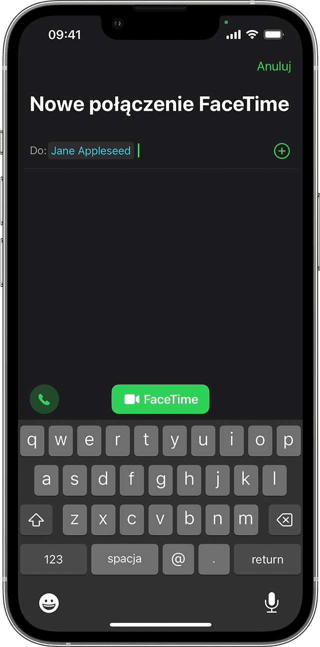 iPhone z wyświetloną aplikacją Telefon podczas rozmowy z Jane Appleseed, przycisk FaceTime znajduje się w drugim rzędzie ikon na środku ekranu.