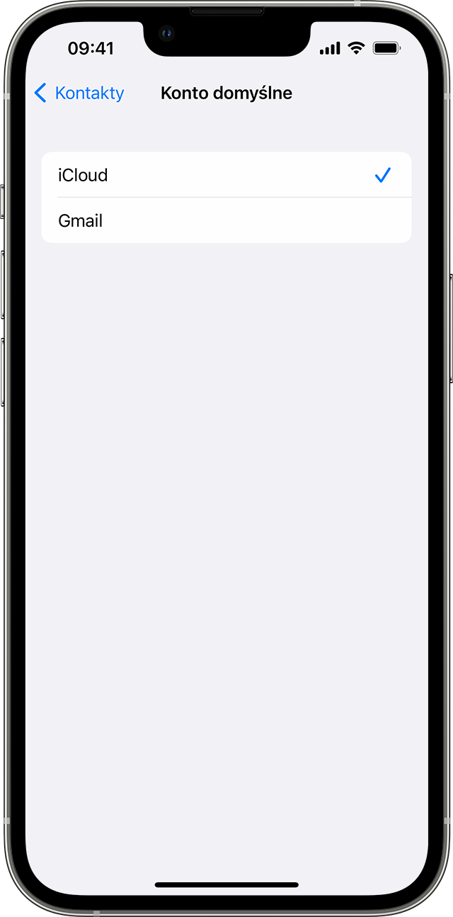iPhone wyświetlający ekran Konto domyślne