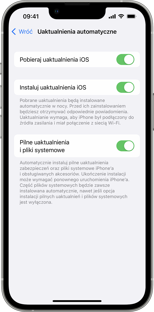 Aplikacja Ustawienia na iPhonie pokazująca opcje automatycznego uaktualniania urządzenia.
