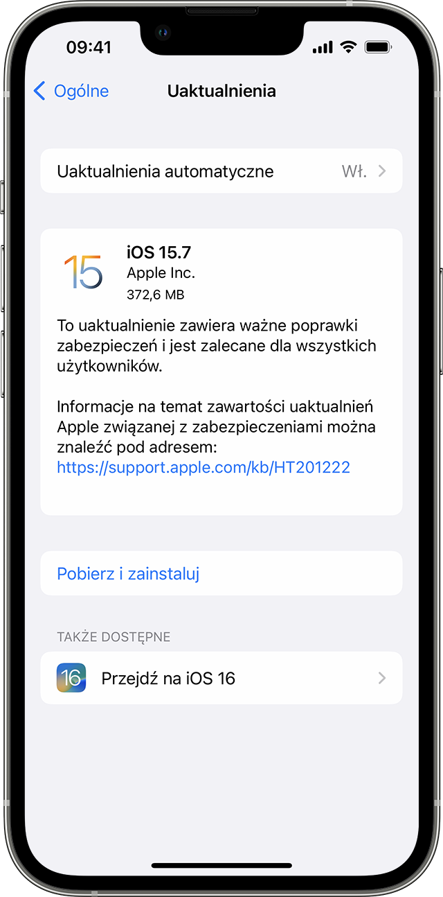 Aplikacja Ustawienia na iPhonie wyświetlająca opcje uaktualnienia do systemu iOS 15.7 lub iOS 16.