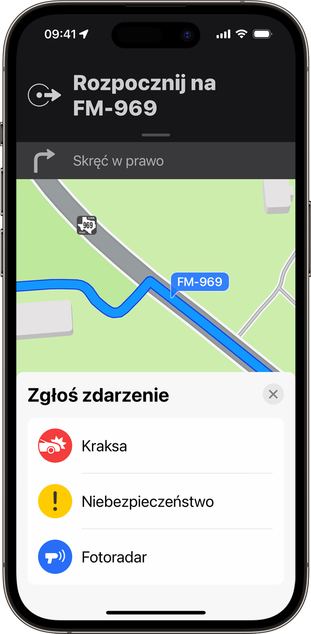 Zdarzenie można zgłosić, korzystając ze szczegółowych wskazówek nawigacyjnych w aplikacji Mapy na iPhonie