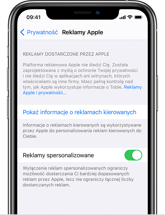 Telefon iPhone wyświetlający opcje reklam Apple, w tym opcje dotyczące informacji o reklamach kierowanych i reklam spersonalizowanych