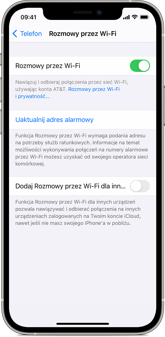 iPhone wyświetlający ekran Rozmowy przez Wi-Fi, z włączoną opcją Rozmowy przez Wi-Fi.