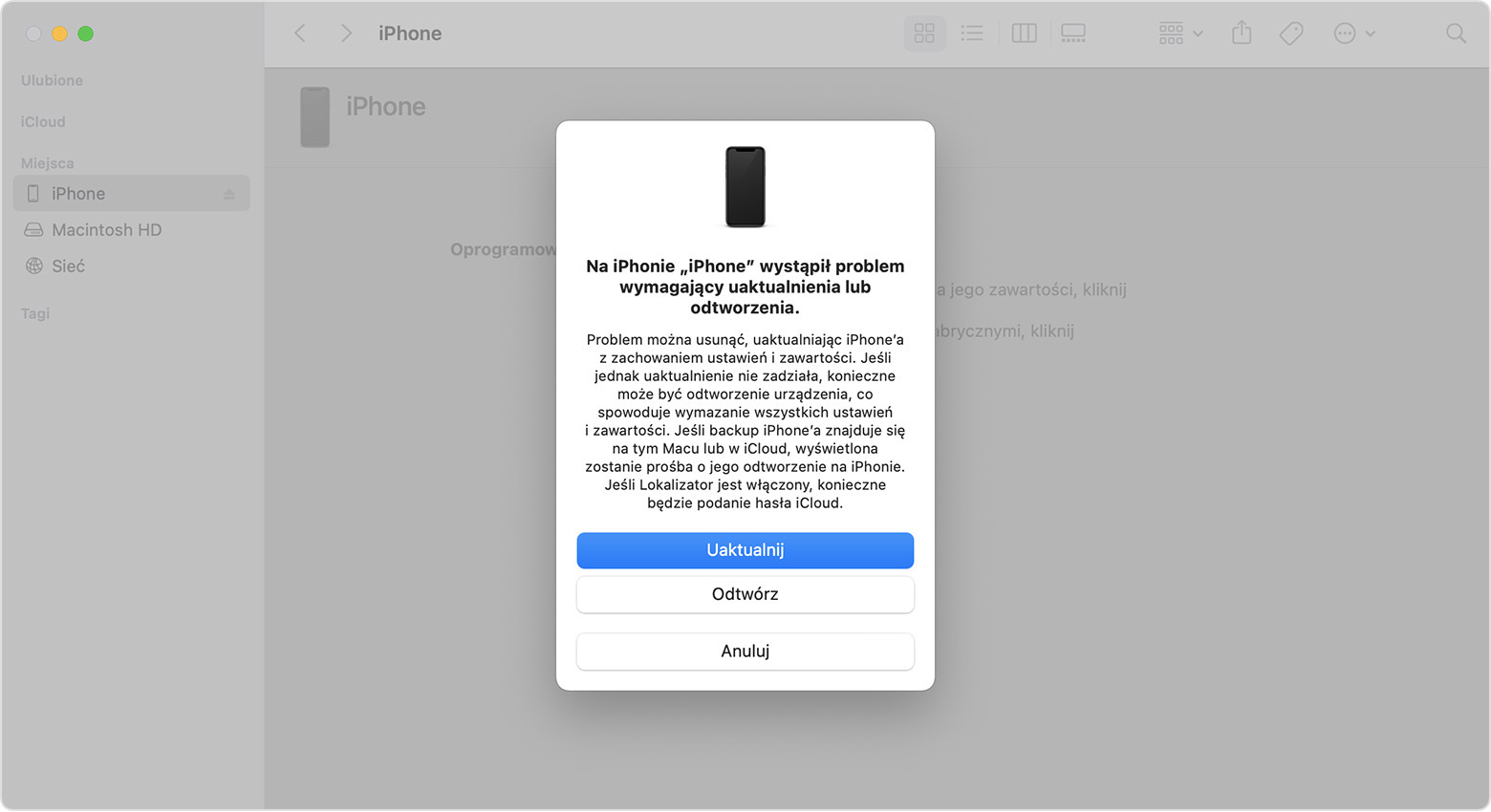 Okno Findera wyświetlające monit z opcjami uaktualniania lub odtwarzania telefonu iPhone. Wybrana jest opcja Uaktualnij.