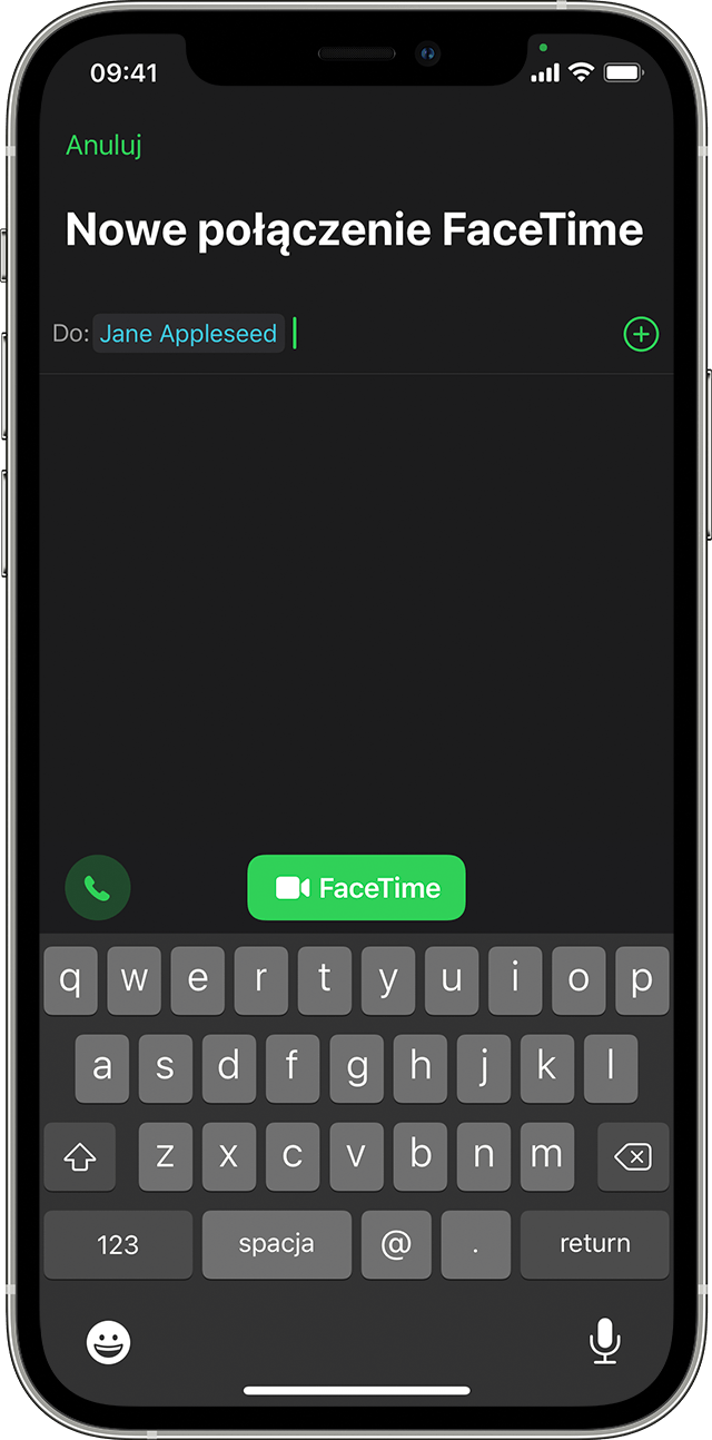 iPhone z wyświetloną aplikacją Telefon podczas rozmowy z Jane Appleseed, przycisk FaceTime znajduje się w drugim rzędzie ikon na środku ekranu.