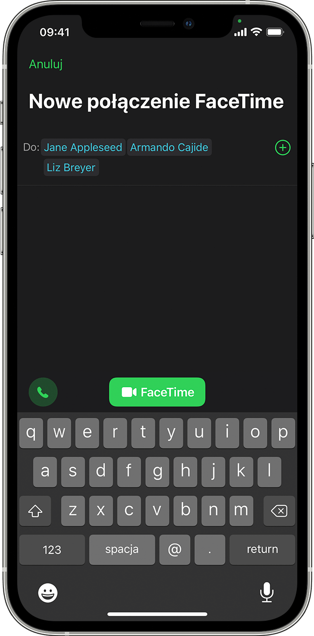 iPhone wyświetlający rozpoczynanie grupowego połączenia FaceTime w aplikacji FaceTime