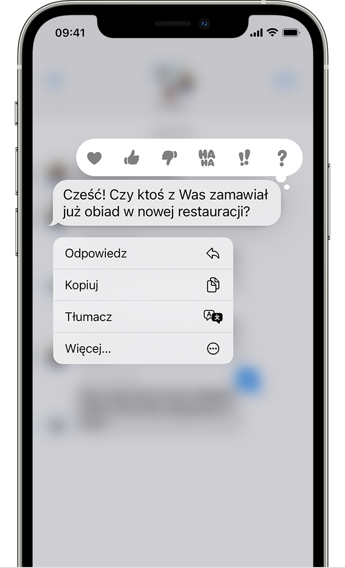 Telefon iPhone wyświetlający menu odpowiedzi w tekście po dotknięciu i przytrzymaniu dymku wiadomości w celu wysłania odpowiedzi w tekście.