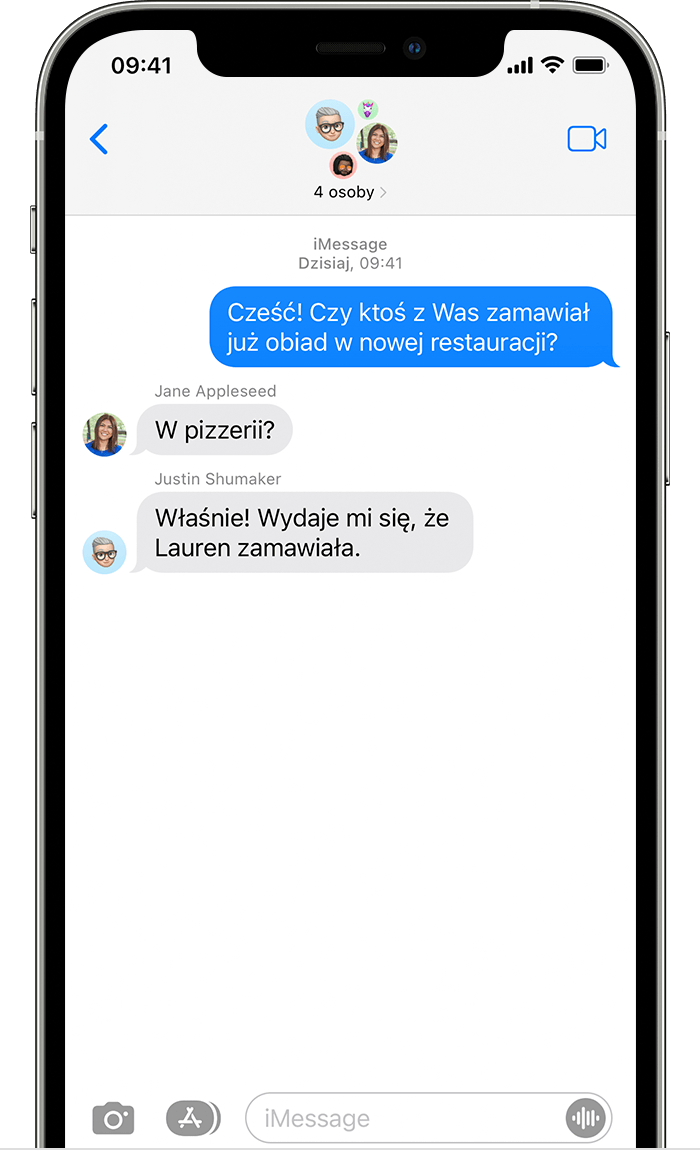 Grupowa wiadomość tekstowa iMessage z pięcioma osobami na ekranie telefonu iPhone