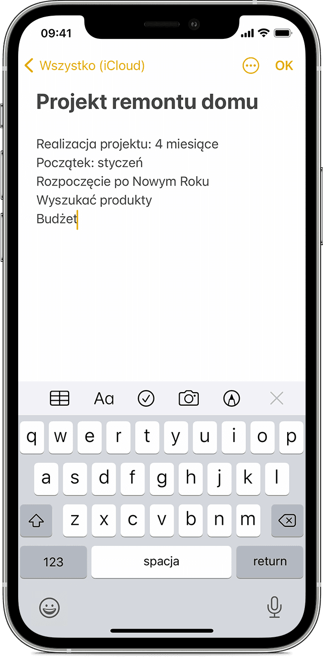 Telefon iPhone, na którym pokazano, jak utworzyć notatkę w aplikacji Notatki