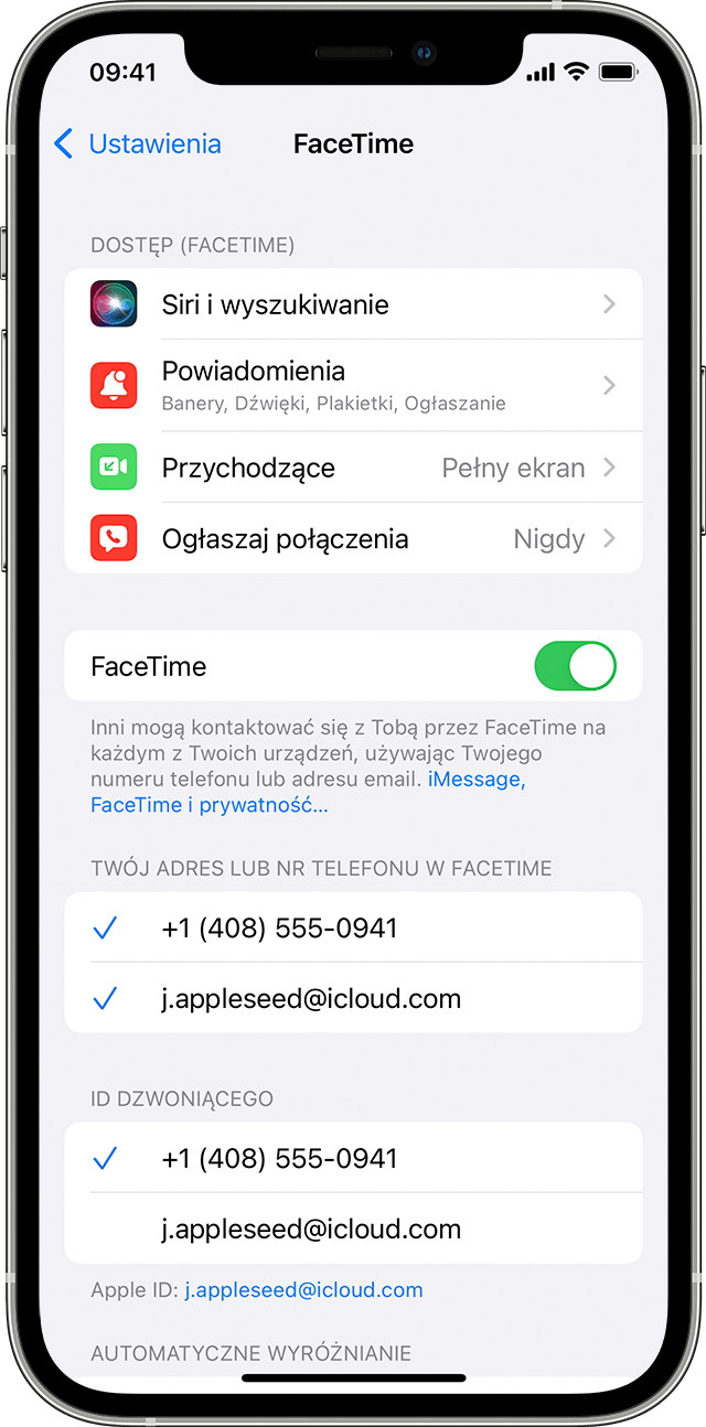 iPhone wyświetlający ekran ustawień FaceTime z włączoną funkcją FaceTime.