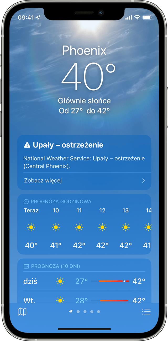 Ekran iPhone’a wyświetlający pogodę