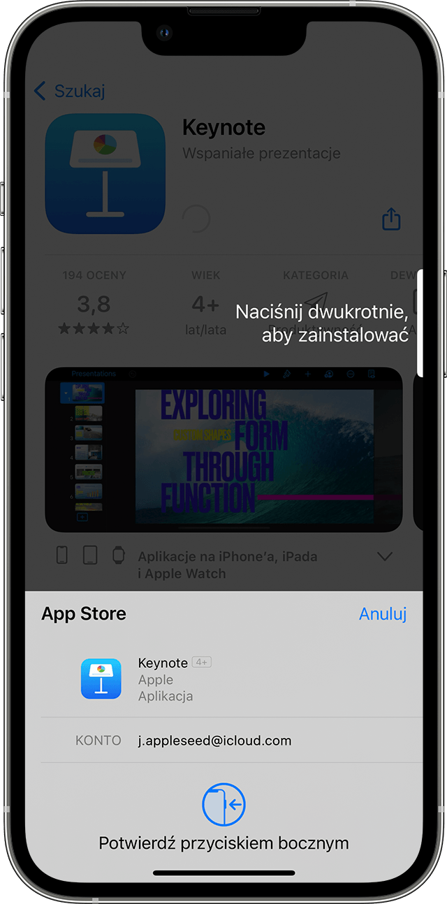 Potwierdzanie zakupu w App Store na iPhonie