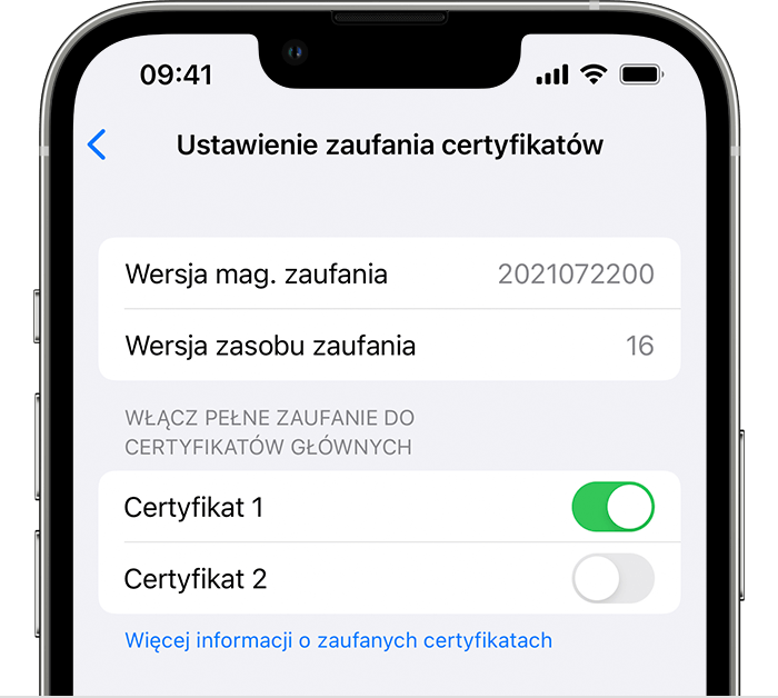 Ustawienia zaufania certyfikatu na telefonie iPhone