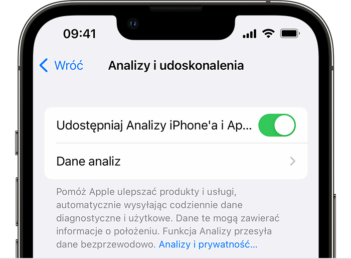 iPhone z wyświetlonymi opcjami Analizy i ulepszenia, z włączoną opcją Udostępniaj Analizy iPhone’a i Apple Watch.