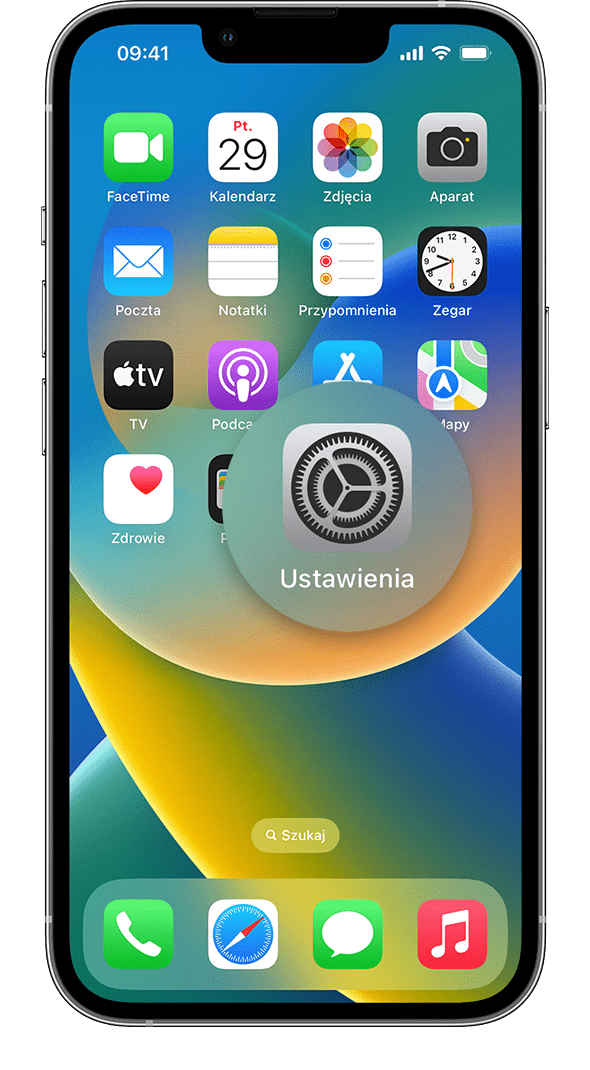 iPhone wyświetlający ekran główny z powiększoną ikoną aplikacji Ustawienia.