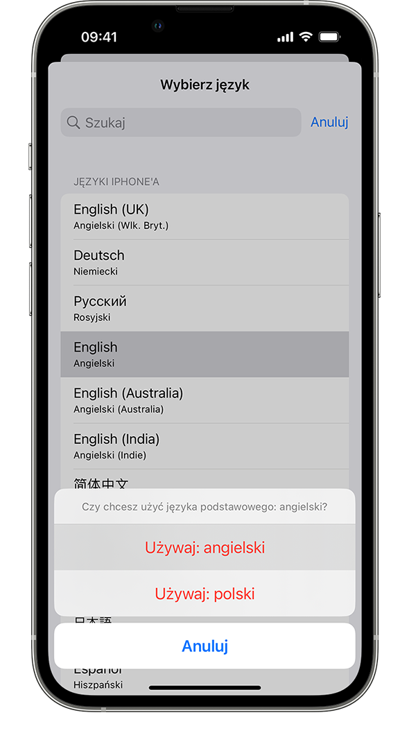 iPhone wyświetlający komunikat: Czy chcesz używać francuskiego jako podstawowego języka? Wyświetlane opcje to: Użyj francuskiego, Użyj angielskiego (USA) i Anuluj.