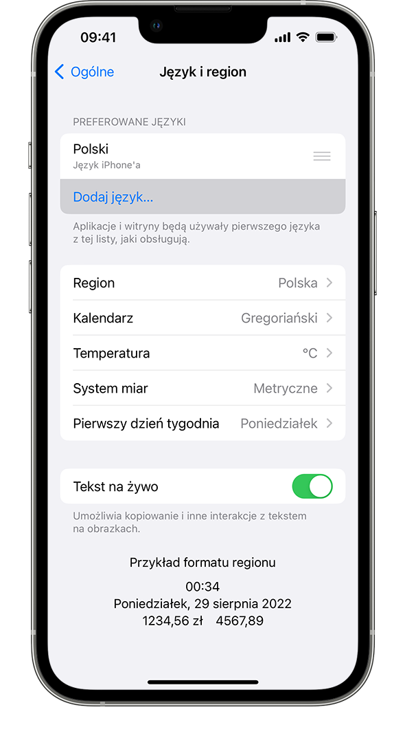 iPhone wyświetlający menu Język i region z zaznaczoną opcją Dodaj język.
