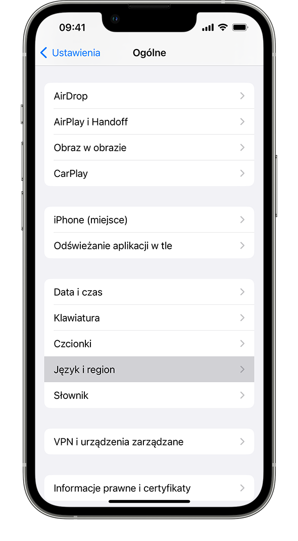 iPhone wyświetlający menu ustawień Ogólne z zaznaczoną opcją Język i region.