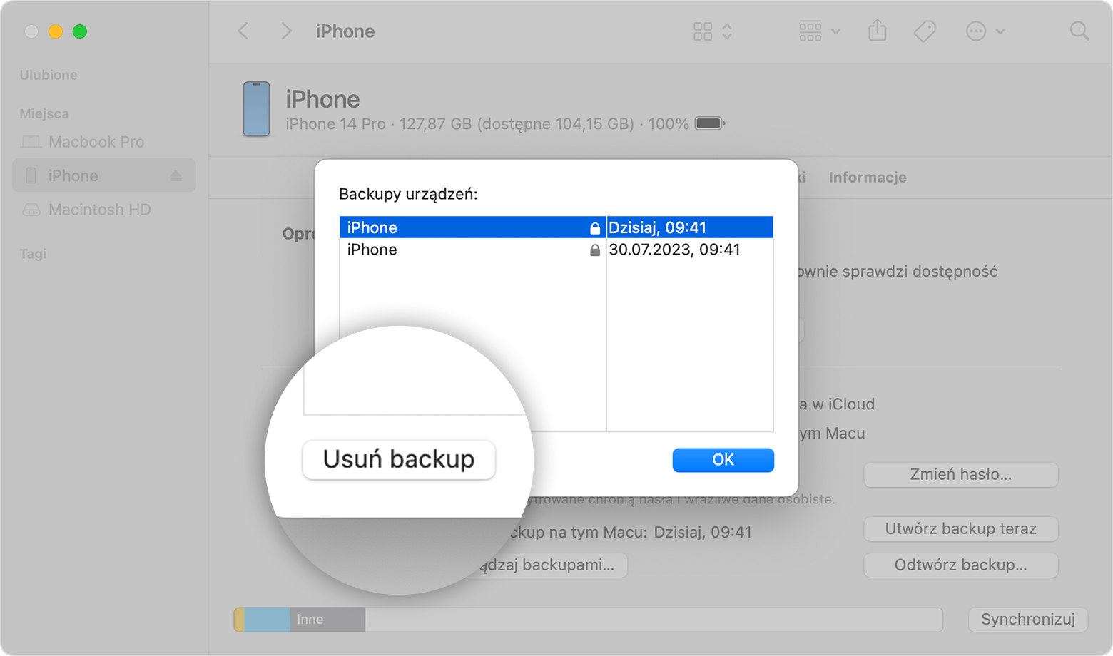 Okno Findera pokazujące opcje usuwania backupów urządzenia