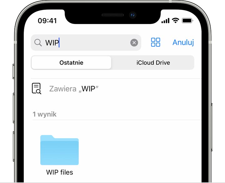 Wyniki wyszukiwania na telefonie iPhone dla wyrażenia WIP, nazwy folderu zawierającego pliki