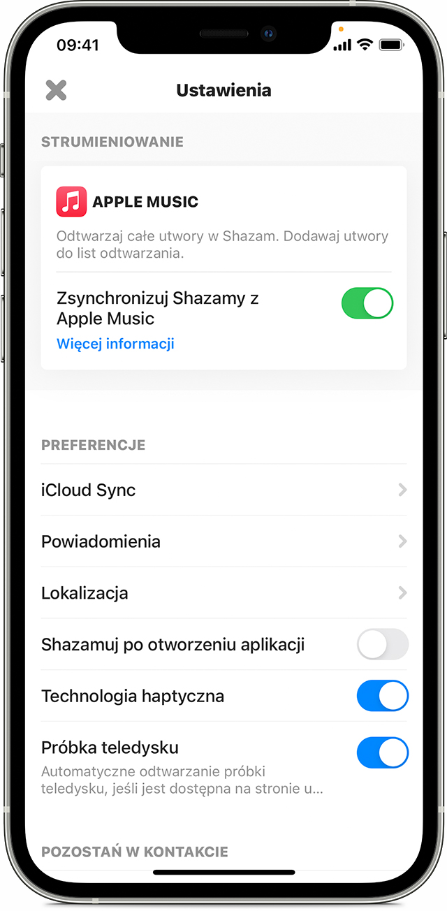 Telefon iPhone z aplikacją Shazam otwartą na pozycji Ustawienia