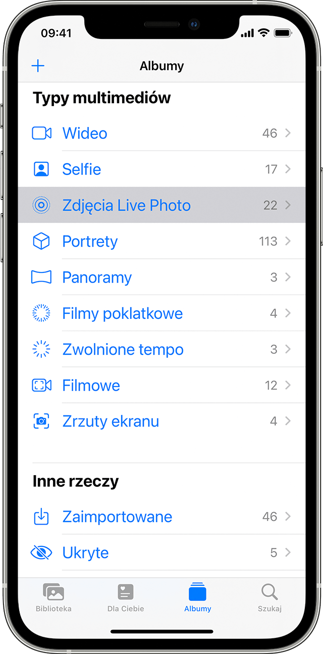 Typy multimediów albumów w aplikacji Zdjęcia na telefonie iPhone