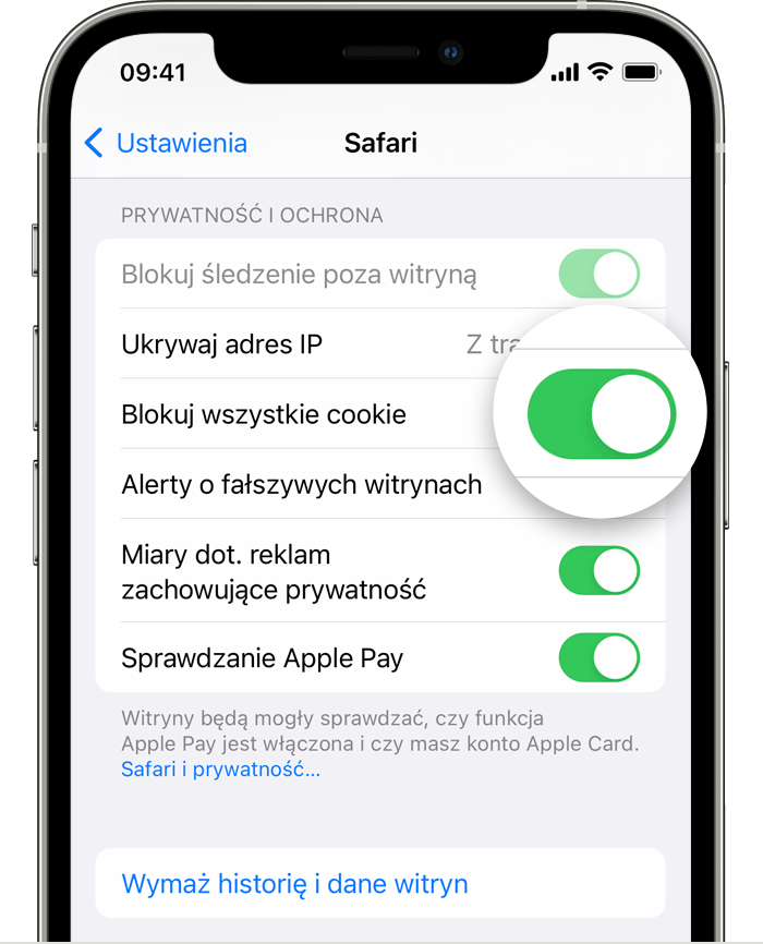 Ustawienia przeglądarki Safari na telefonie iPhone z włączoną opcją Blokuj wszystkie cookie