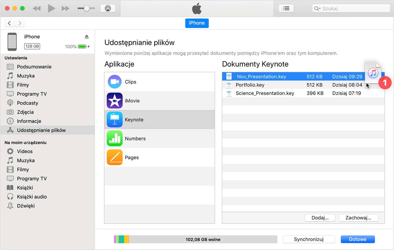 A file being dragged and dropped into the Keynote Documents list.