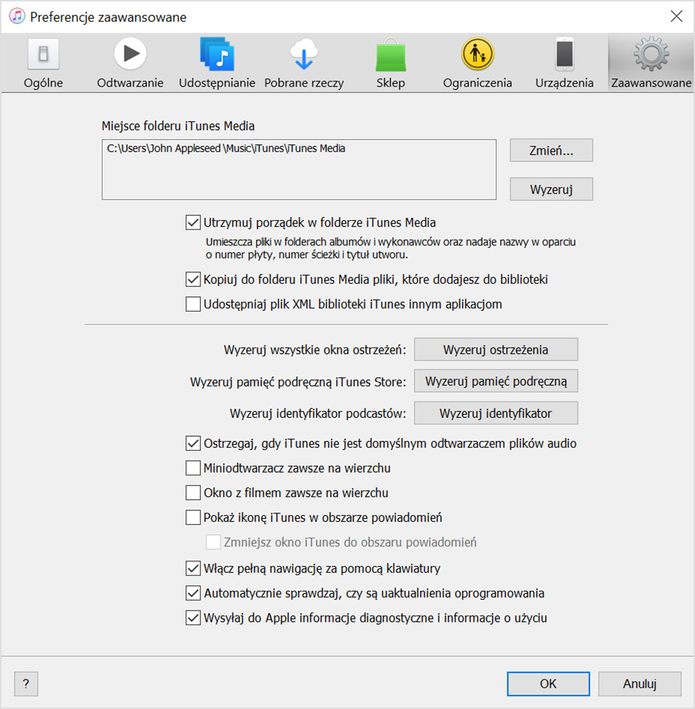 Ekran opcji Preferencje zaawansowane z lokalizacją folderu iTunes Media