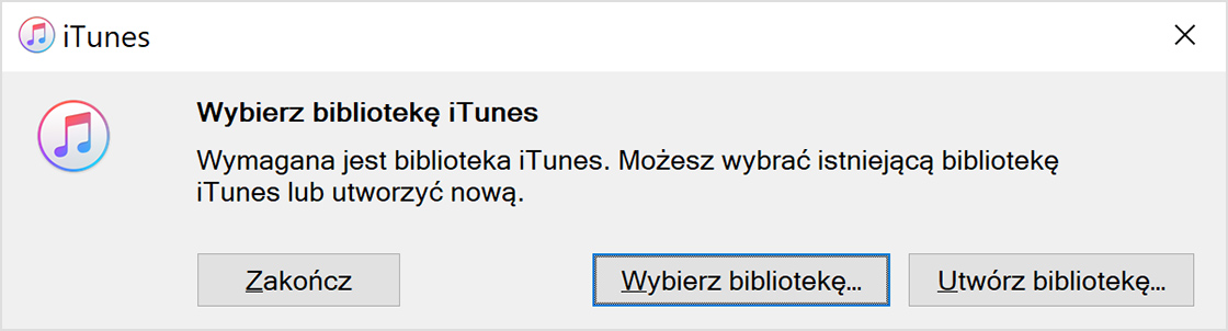 Komunikat aplikacji iTunes z opcją Wybierz bibliotekę