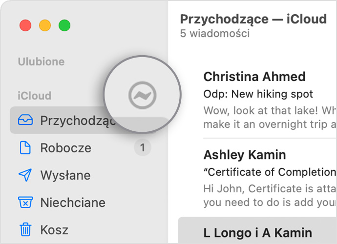 Konto iCloud na pasku bocznym aplikacji Mail z ikoną błyskawicy