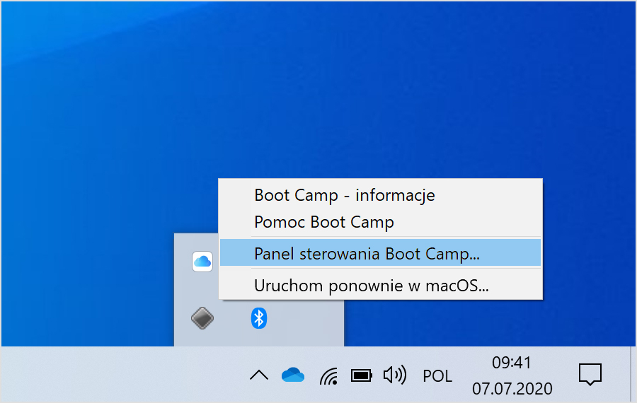 Menu Boot Camp z zaznaczoną opcją Panel sterowania Boot Camp