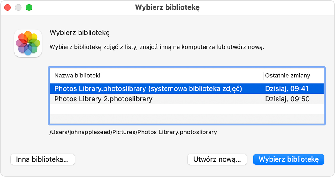 Okno Wybierz bibliotekę aplikacji Zdjęcia w systemie macOS