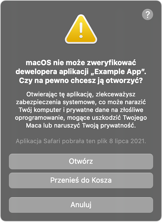 Komunikat pominięcia niezweryfikowanego dewelopera w systemie macOS